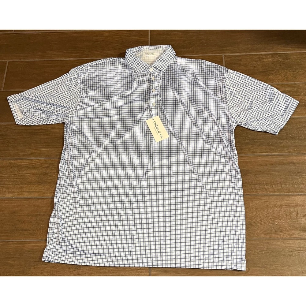 Collars & Co Mens 4XL Blue White Grid Dress Collar Polo Performance Shirt NWT